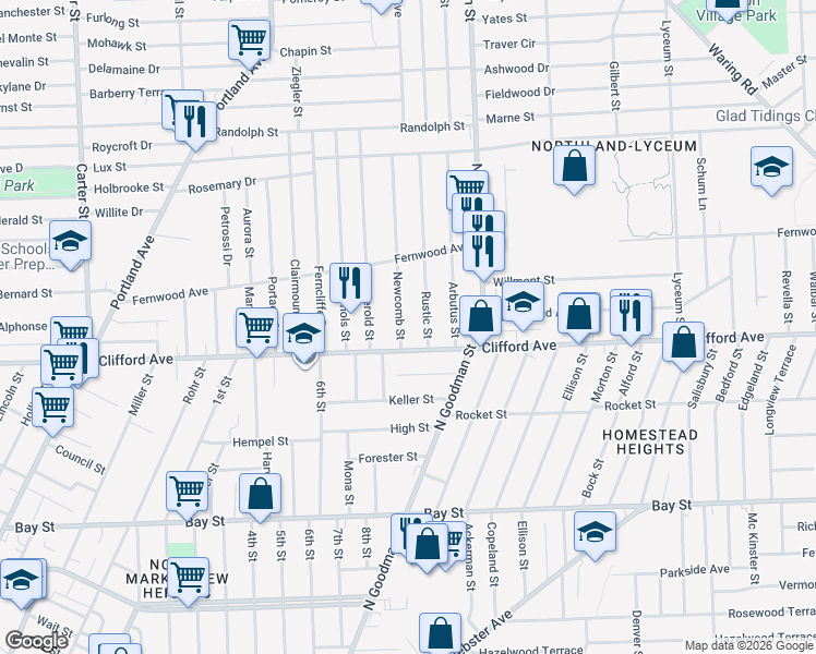 map of restaurants, bars, coffee shops, grocery stores, and more near 1624 Clifford Avenue in Rochester