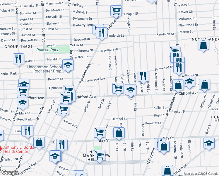 map of restaurants, bars, coffee shops, grocery stores, and more near 2 Renwood Street in Rochester