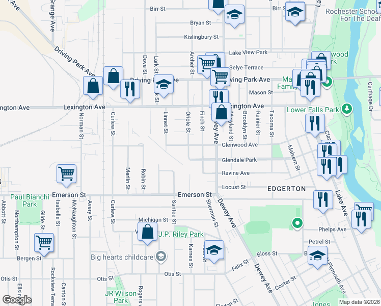map of restaurants, bars, coffee shops, grocery stores, and more near 24 Oriole Street in Rochester