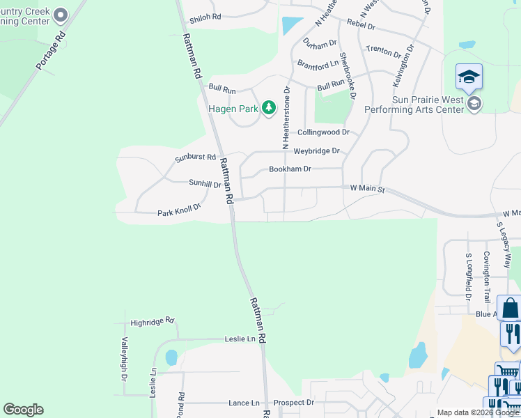map of restaurants, bars, coffee shops, grocery stores, and more near 3211 West Main Street in Sun Prairie