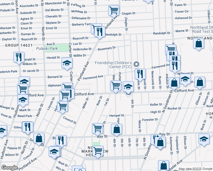 map of restaurants, bars, coffee shops, grocery stores, and more near 10 Renwood Street in Rochester