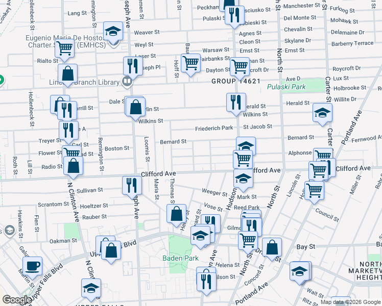 map of restaurants, bars, coffee shops, grocery stores, and more near 73 Alphonse Street in Rochester