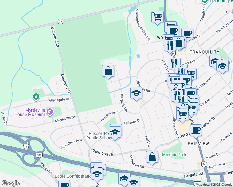 map of restaurants, bars, coffee shops, grocery stores, and more near 32 Macdonald Crescent in Brantford