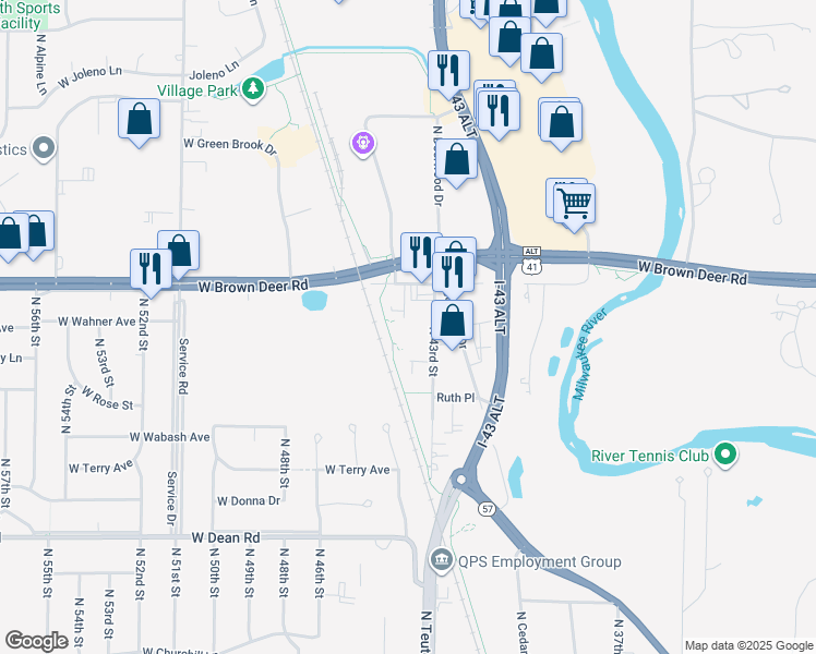 map of restaurants, bars, coffee shops, grocery stores, and more near 8717 North 43rd Street in Brown Deer