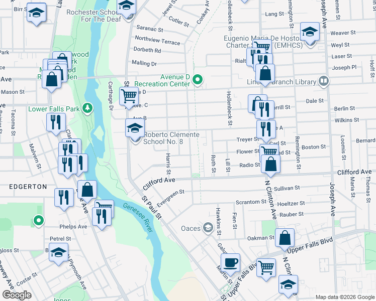 map of restaurants, bars, coffee shops, grocery stores, and more near 161 Conkey Avenue in Rochester