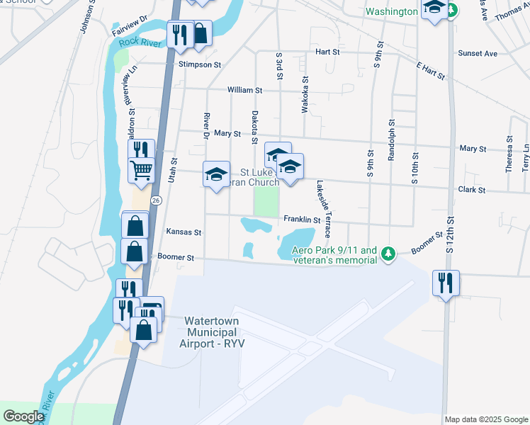 map of restaurants, bars, coffee shops, grocery stores, and more near 223 Clark Street in Watertown