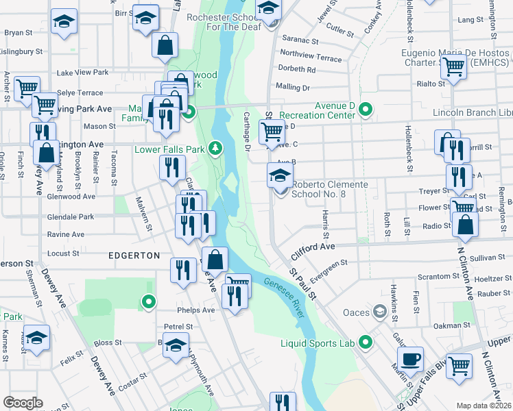 map of restaurants, bars, coffee shops, grocery stores, and more near 7 Riverbank Place in Rochester