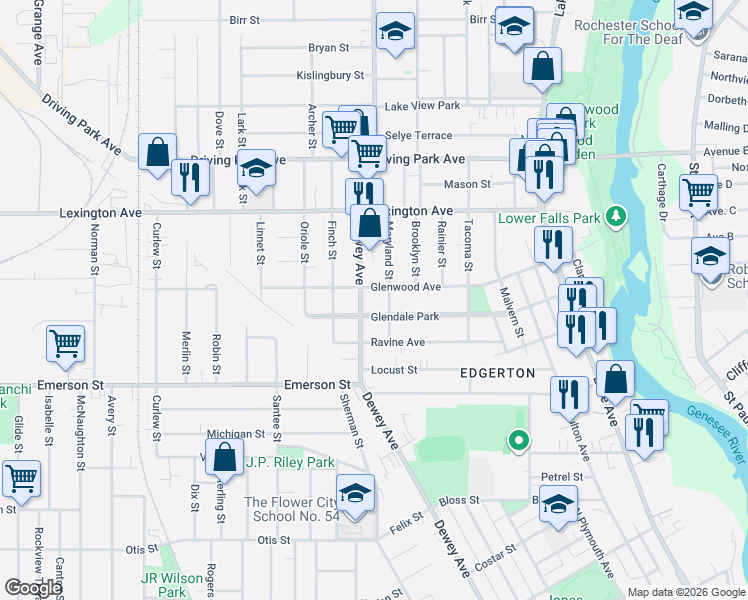 map of restaurants, bars, coffee shops, grocery stores, and more near 111 Glendale Park in Rochester