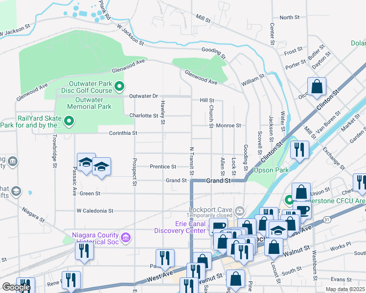 map of restaurants, bars, coffee shops, grocery stores, and more near 194 Washington Street in Lockport