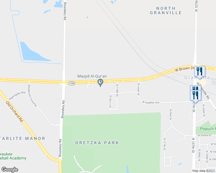 map of restaurants, bars, coffee shops, grocery stores, and more near 11702 West Brittany Way in Milwaukee