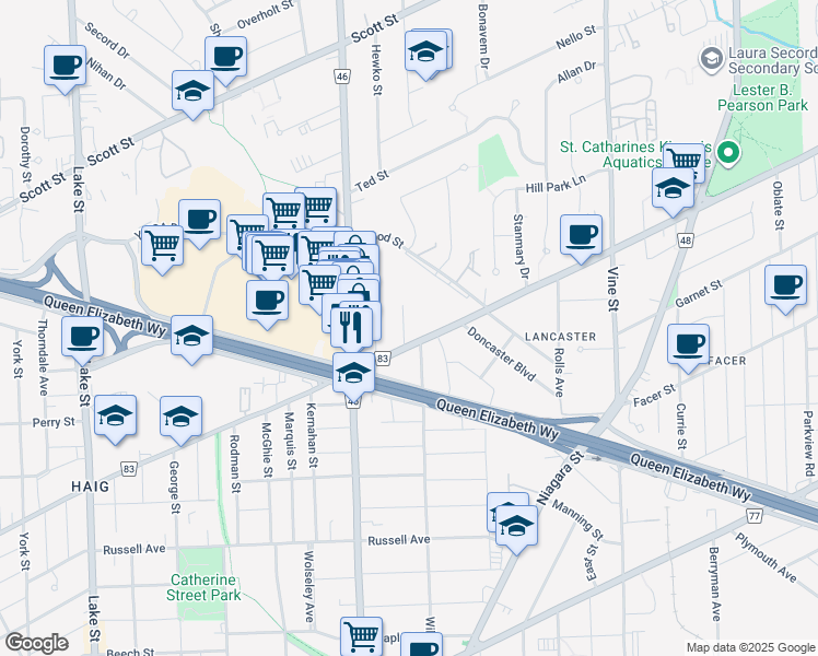 map of restaurants, bars, coffee shops, grocery stores, and more near 4 Monro Street in St. Catharines