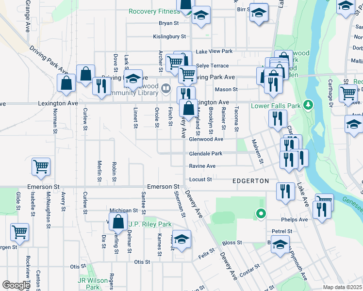 map of restaurants, bars, coffee shops, grocery stores, and more near 633 Dewey Avenue in Rochester