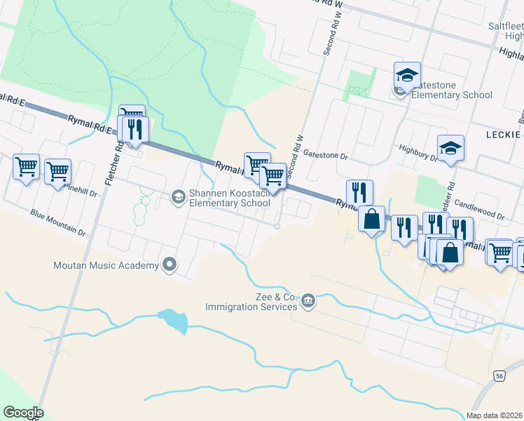 map of restaurants, bars, coffee shops, grocery stores, and more near 40 Kingsborough Drive in Hamilton