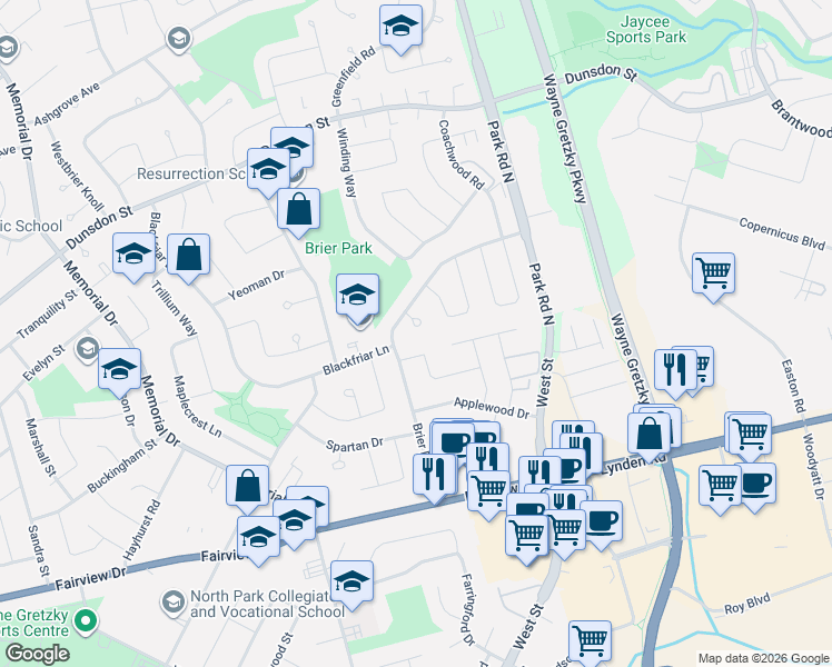 map of restaurants, bars, coffee shops, grocery stores, and more near 6 Treelawn Terrace in Brantford