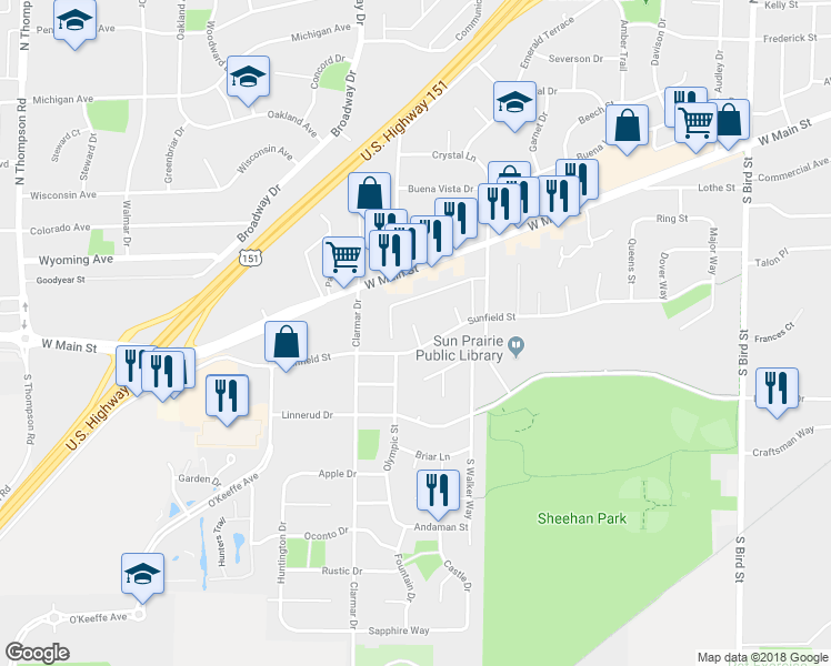map of restaurants, bars, coffee shops, grocery stores, and more near 373 Sun Court in Sun Prairie