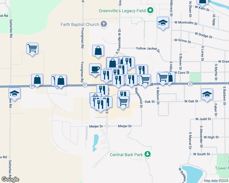 map of restaurants, bars, coffee shops, grocery stores, and more near 410 South Greenville West Drive in Greenville