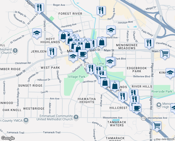 map of restaurants, bars, coffee shops, grocery stores, and more near N87W16543 Mill Street in Menomonee Falls