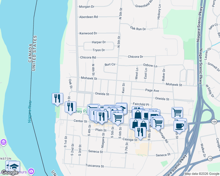 map of restaurants, bars, coffee shops, grocery stores, and more near 490 Oneida Street in Lewiston