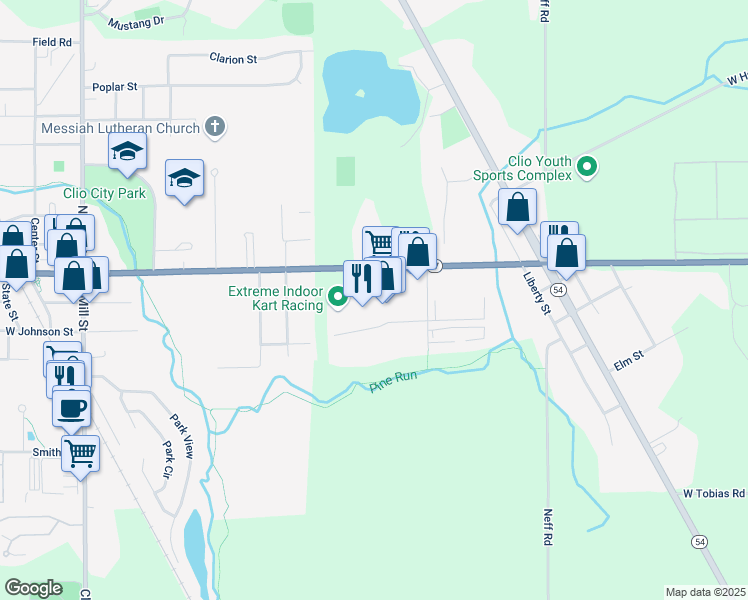 map of restaurants, bars, coffee shops, grocery stores, and more near 2100 West Vienna Road in Clio