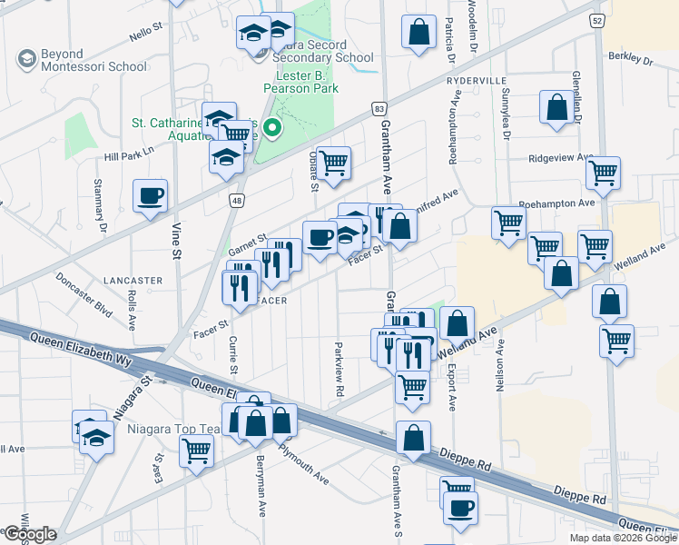 map of restaurants, bars, coffee shops, grocery stores, and more near 78 Facer Street in St. Catharines
