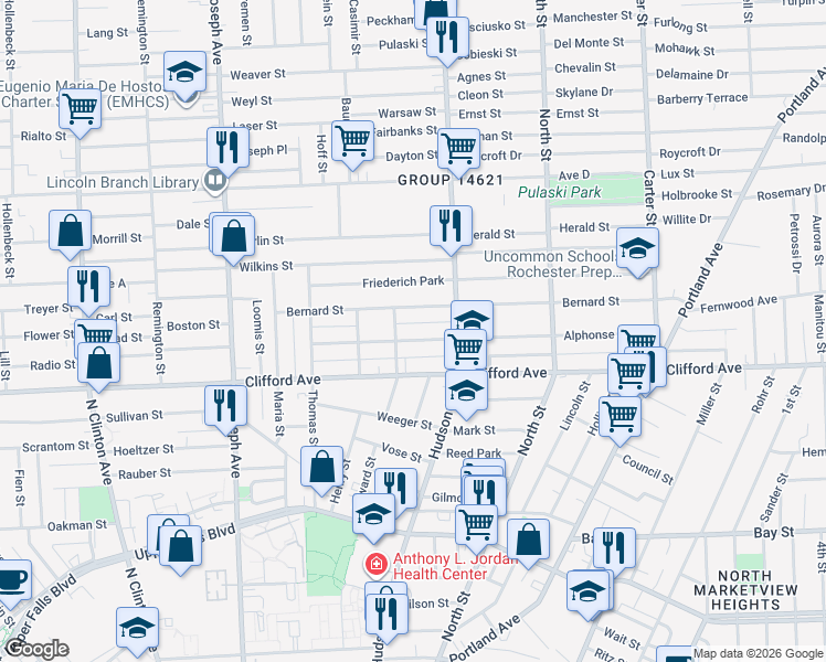 map of restaurants, bars, coffee shops, grocery stores, and more near 8 Weigel Alley in Rochester