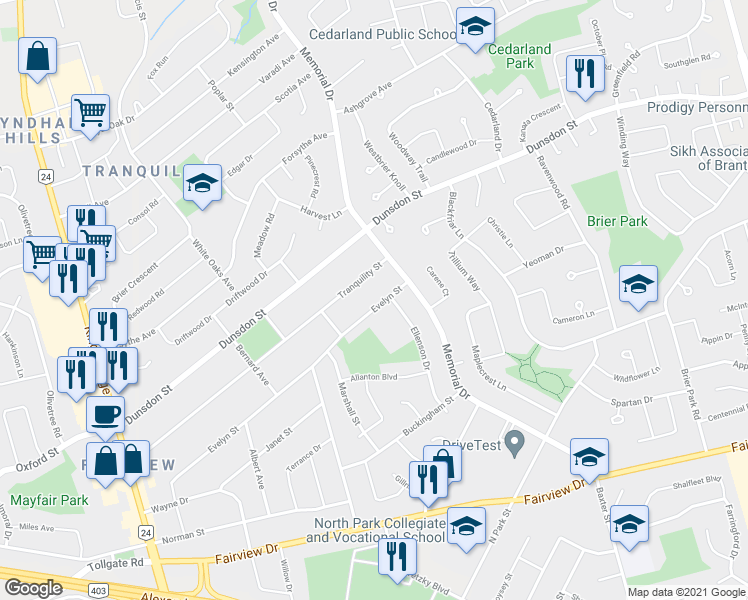 map of restaurants, bars, coffee shops, grocery stores, and more near 119 Evelyn Street in Brantford