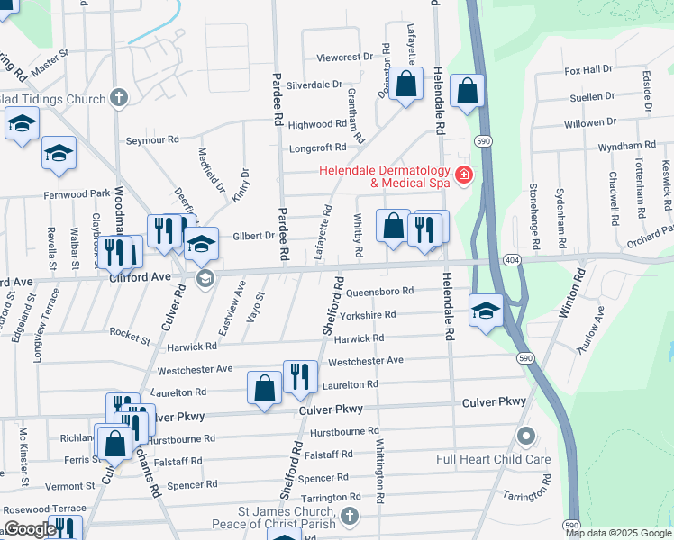 map of restaurants, bars, coffee shops, grocery stores, and more near 12 Queensboro Road in Irondequoit