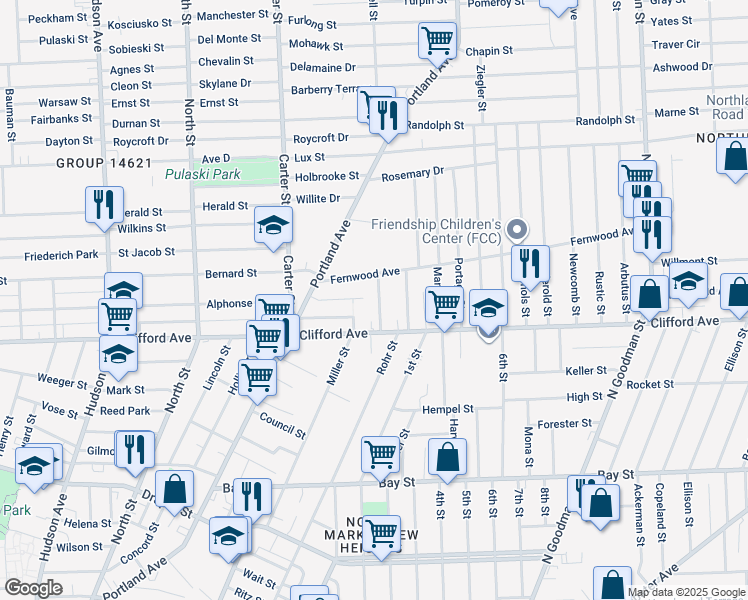 map of restaurants, bars, coffee shops, grocery stores, and more near 43 Spiegel Park in Rochester