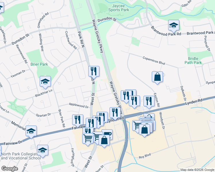 map of restaurants, bars, coffee shops, grocery stores, and more near 385 Park Road North in Brantford