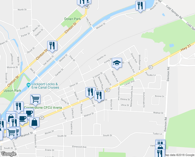 map of restaurants, bars, coffee shops, grocery stores, and more near 31 Bewley Parkway in Lockport