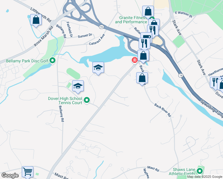 map of restaurants, bars, coffee shops, grocery stores, and more near 65 Durham Road in Dover