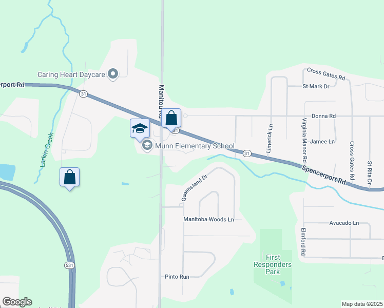 map of restaurants, bars, coffee shops, grocery stores, and more near 82 Maier Circle in Spencerport