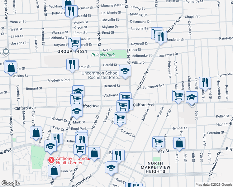 map of restaurants, bars, coffee shops, grocery stores, and more near 408 Alphonse Street in Rochester