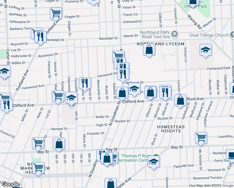 map of restaurants, bars, coffee shops, grocery stores, and more near in Rochester