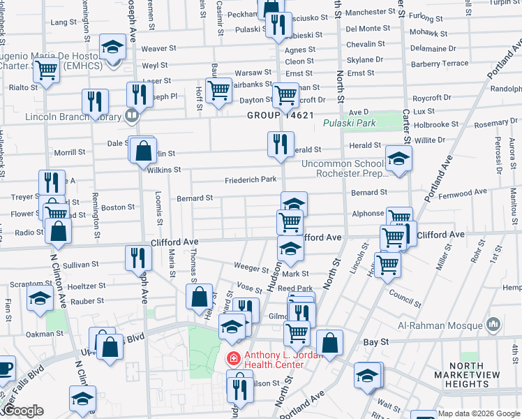 map of restaurants, bars, coffee shops, grocery stores, and more near 8 Weigel Alley in Rochester