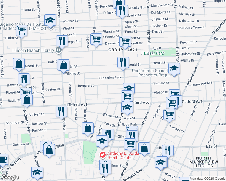 map of restaurants, bars, coffee shops, grocery stores, and more near 8 Weigel Alley in Rochester