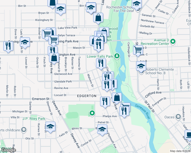 map of restaurants, bars, coffee shops, grocery stores, and more near 215 Fulton Avenue in Rochester