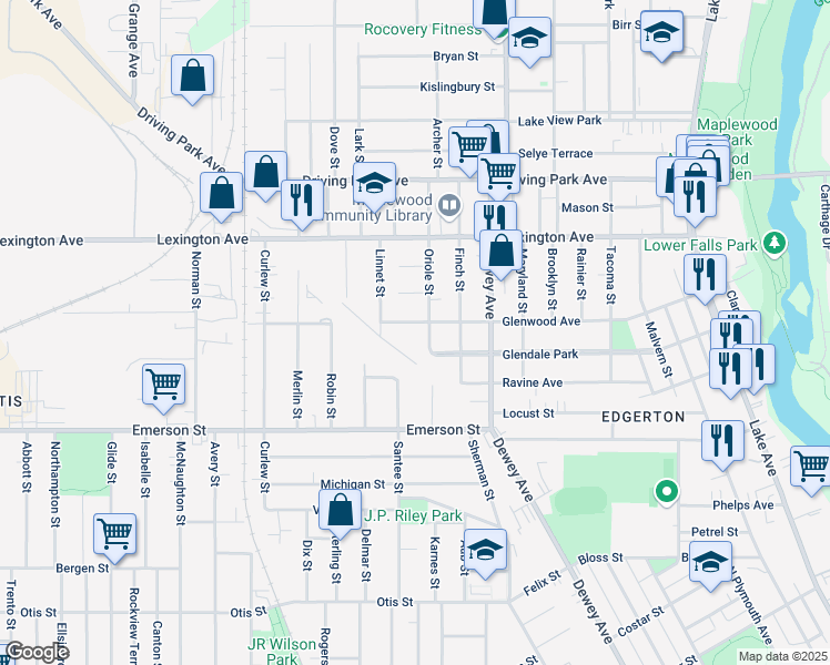 map of restaurants, bars, coffee shops, grocery stores, and more near 320 Santee Street in Rochester