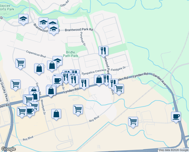 map of restaurants, bars, coffee shops, grocery stores, and more near 229 Lynden Road in Brantford