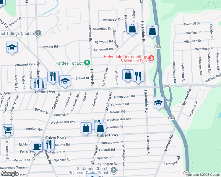 map of restaurants, bars, coffee shops, grocery stores, and more near Empire Blvd & Shelford Rd in Irondequoit