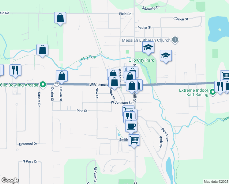 map of restaurants, bars, coffee shops, grocery stores, and more near 315 West Vienna Street in Clio