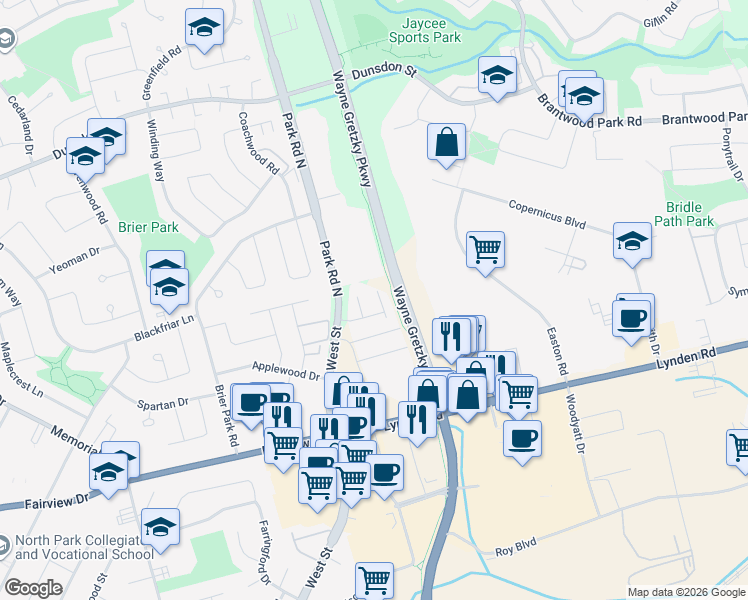 map of restaurants, bars, coffee shops, grocery stores, and more near 385 Park Road North in Brantford