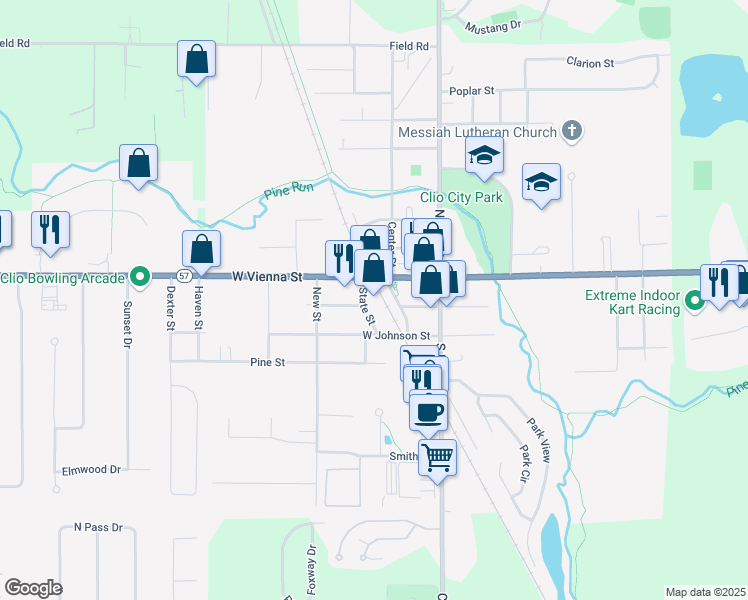 map of restaurants, bars, coffee shops, grocery stores, and more near 315 West Vienna Street in Clio
