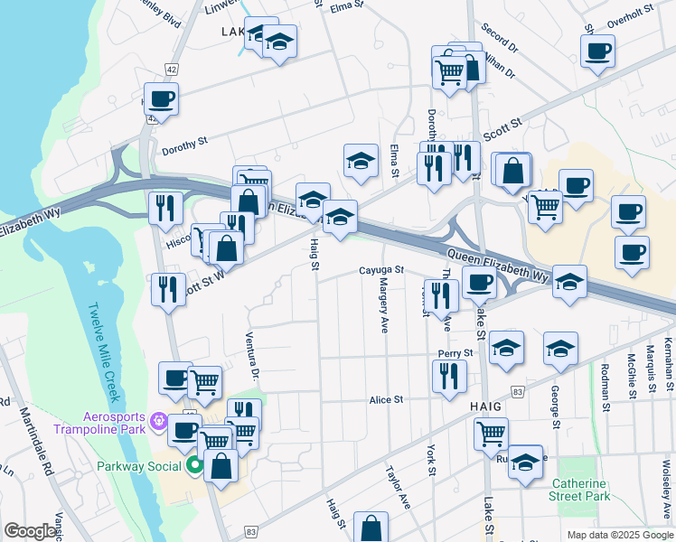 map of restaurants, bars, coffee shops, grocery stores, and more near 5 Cayuga Street in St. Catharines