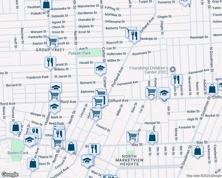map of restaurants, bars, coffee shops, grocery stores, and more near Portland Avenue & Trust Street in Rochester