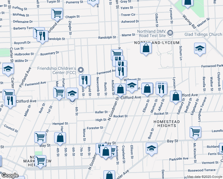 map of restaurants, bars, coffee shops, grocery stores, and more near 39 Arbutus Street in Rochester