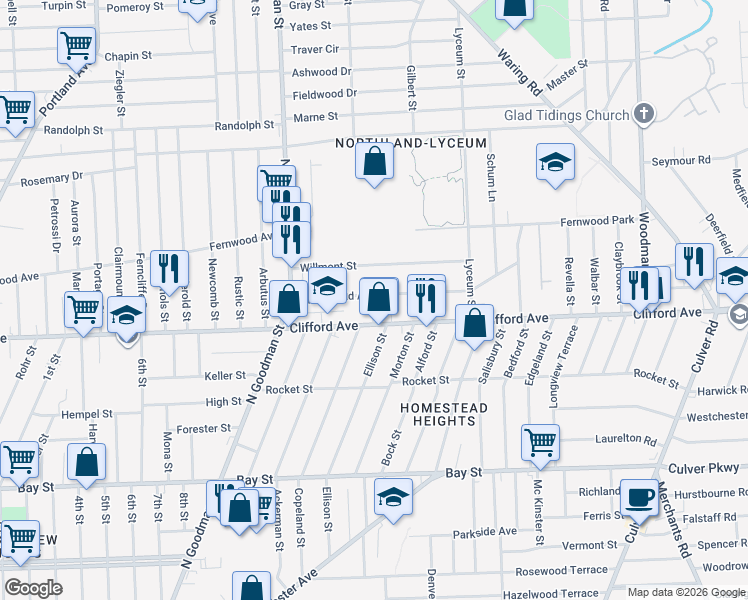 map of restaurants, bars, coffee shops, grocery stores, and more near 1844 Clifford Avenue in Rochester