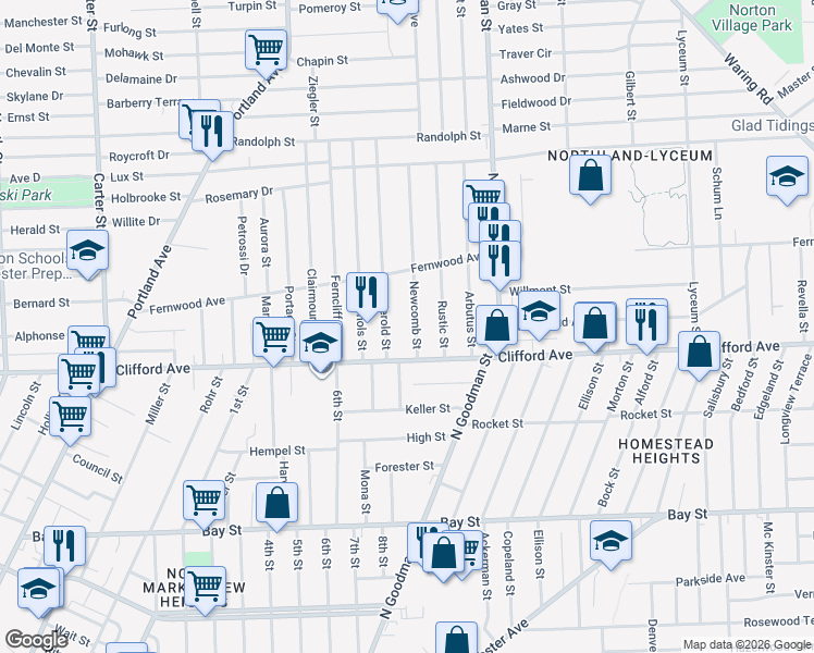 map of restaurants, bars, coffee shops, grocery stores, and more near 1570 Clifford Avenue in Rochester