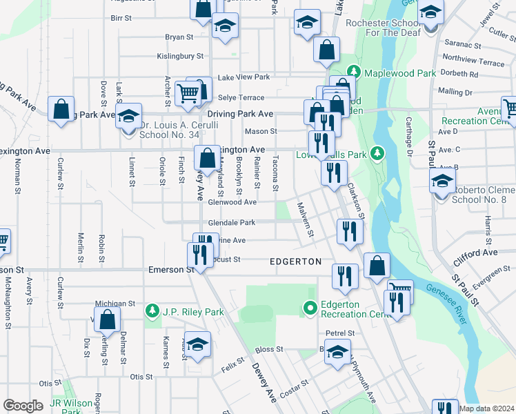 map of restaurants, bars, coffee shops, grocery stores, and more near 77 Glendale Park in Rochester