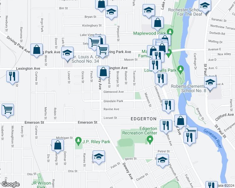 map of restaurants, bars, coffee shops, grocery stores, and more near 93 Glendale Park in Rochester